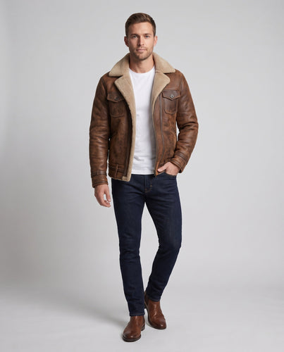 Herren Fliegerjacke aus Wildlederimitat mit Teddyfutter und Pattentaschen Drune
