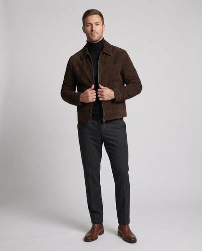 Herren Kurzjacke aus Wildleder mit Reißverschluss, Hemdkragen und geradem Saum Drune