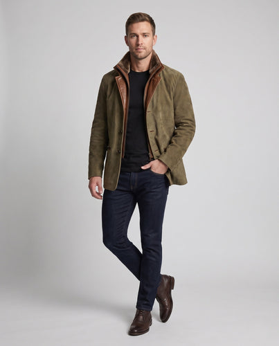 Herren Sakko-Jacke mit Lederbesatz und Stehkragen Drune