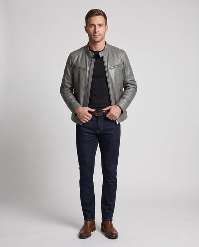 Herren Schmal geschnittene Lammnappa-Lederjacke im minimalistischen Bikerstil mit Stehkragen und Reißverschlusstaschen Drune