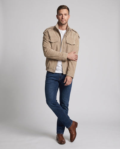 Herren Veloursleder-Blouson im Aviator‑Stil mit Schulterklappen und aufgesetzten Brusttaschen Drune
