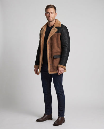 Herren Vintage‑Aviatorjacke im Lammfell‑Look mit Kontrastärmeln Drune
