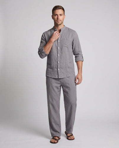 Herren Lässiges Leinen-Set mit Stehkragen-Hemd und weiter Lounge-Hose Drune