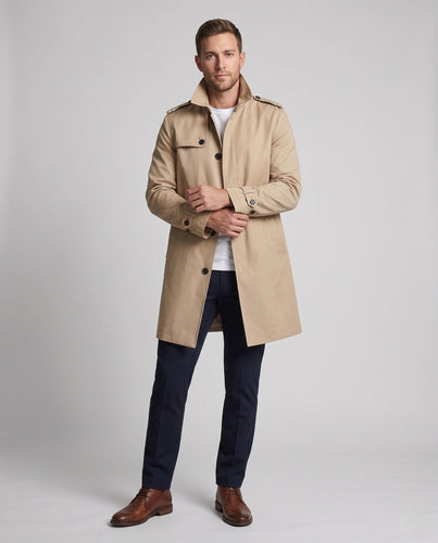 Herren Langer Trenchcoat aus Wollmischung mit Schulterklappen und klassischem Reverskragen Drune