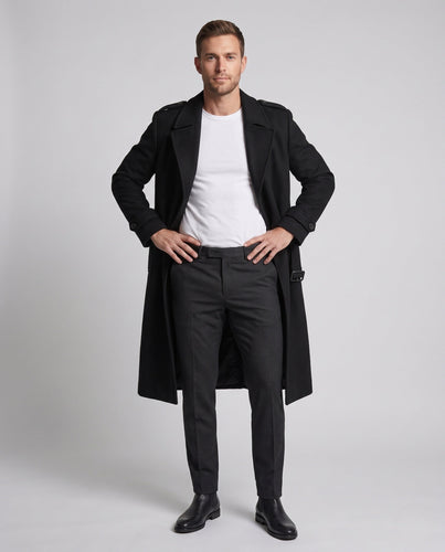 Herren Longline-Wollmantel mit schmalem Schalkragen schlanker Silhouette und seitlichem Gehschlitz Drune