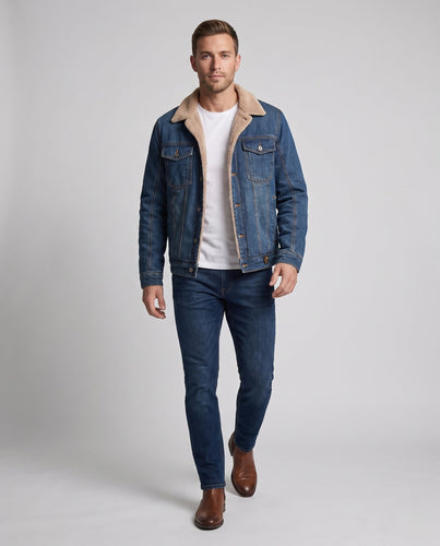 Herren Gefütterte Jeansjacke mit Teddyfutter und Knopfleiste Drune