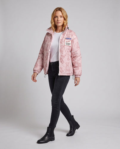 Damen Gepolsterte Teddy-Print-Steppjacke mit Stehkragen und Kordelzug Drune
