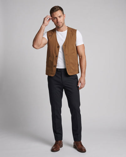 Herren Ärmellose Denim-Utility-Weste mit Karofutter V-Ausschnitt und großformatigen Fronttaschen Drune