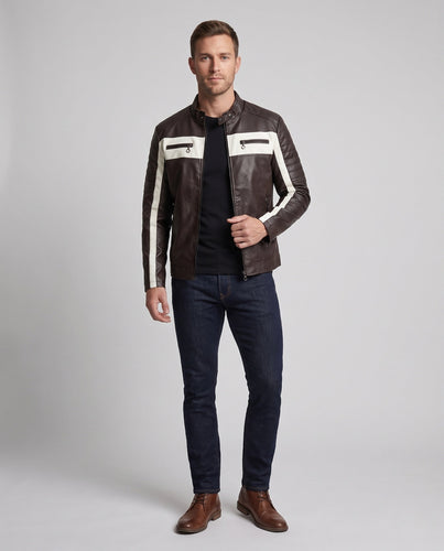Herren Biker-Lederjacke im Racing-Style mit Stehkragen und Kontraststreifen Drune