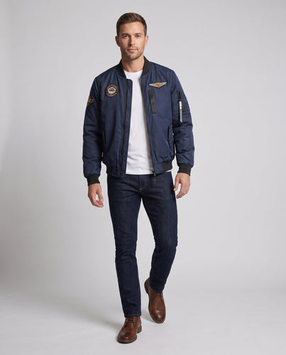 Herren Bomberjacke im Aviatorstil mit gestepptem Thermofutter, Stickpatches und Ärmeltasche Drune