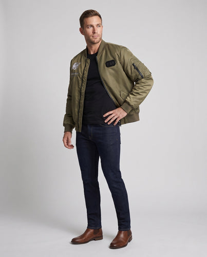Herren Bomberjacke im Pilotstil mit gestickten Space-Details und Reißverschluss-Ärmeltasche Drune