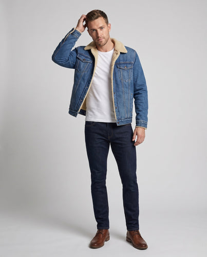 Herren Gefütterte Denim-Jeansjacke mit Teddyfutter, hohem Kragen und Thermoisolierung Drune