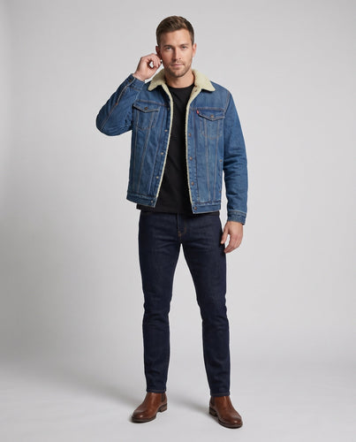 Herren Gefütterte Denim-Truckerjacke mit Teddyfutter und Kontrastnähten Drune