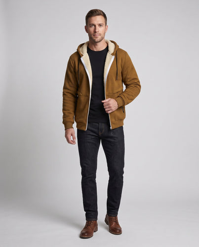 Herren Kapuzen-Fleecejacke mit Teddyfutter, durchgehendem Reißverschluss und Reißverschlusstasche Drune