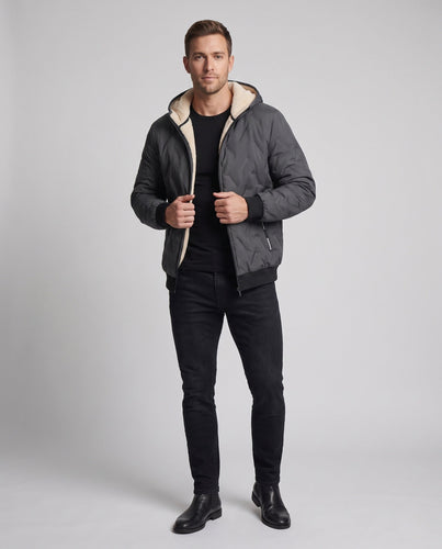 Herren Kapuzen‑Wattierte Thermo‑Bomberjacke mit Teddyfutter und winddichter Außenlage Drune