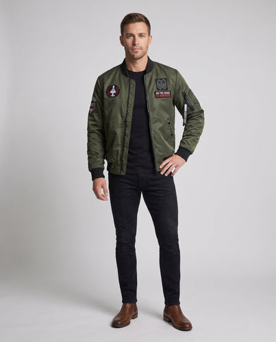 Herren Kurze Bomberjacke mit Patch‑Applikationen, Nylon‑Obermaterial und gesteppter Innenfütterung Drune