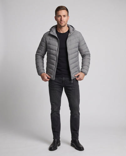 Herren Leichte gesteppte Kapuzen-Quiltjacke mit Chevron‑Steppung und winddichter Außenlage Drune