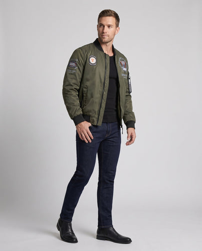 Herren Leichte Nylon-Bomberjacke mit Badge‑Prints, Ärmeltasche und gesteppter Thermofütterung Drune