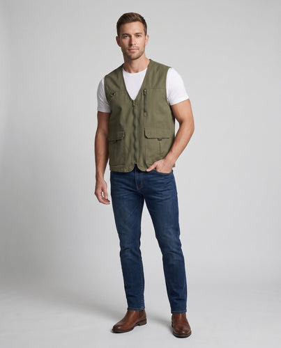 Herren Leichte Outdoor-Utilityweste aus robustem Canvas mit Mesh‑Futter und Multifunktions‑Taschen Drune