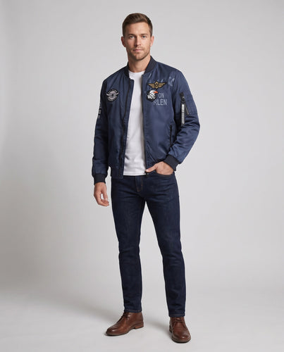 Herren Satin-Bomberjacke im Pilot-Design mit gestickten Patches und Mehrfachtaschen Drune