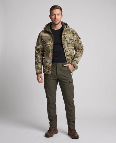 Herren Taktische Softshell-Jacke mit Kapuze, Multifunktionstaschen und Zip-Ärmeln Drune