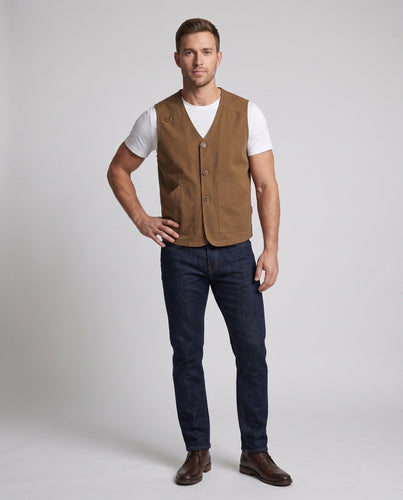 Herren Utility-Weste mit V-Ausschnitt, robustem Baumwollcanvas und karierter Innenfütterung Drune