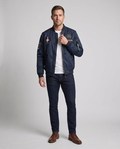 Herren Wende-Bomberjacke mit aufgesetzten Patches, Nylon-Außenmaterial und Ärmel-Zip-Tasche Drune