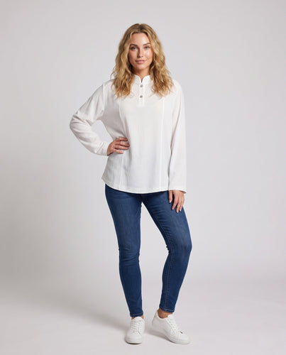 Damen Moderne Oversized Bluse mit Stehkragen und Knopfleiste Drune