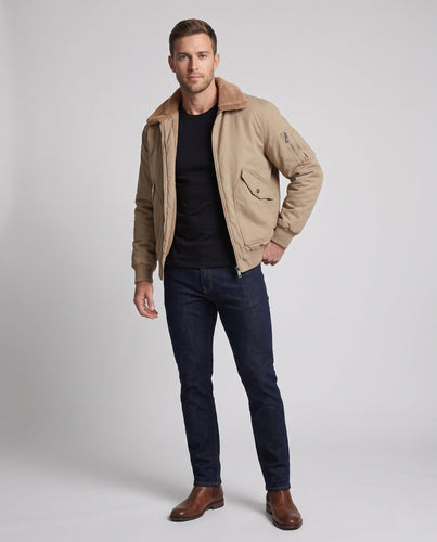 Herren Canvas-Pilotblouson mit durchgehendem Teddyfutter, Utility-Ärmeltasche und geripptem Saum Drune