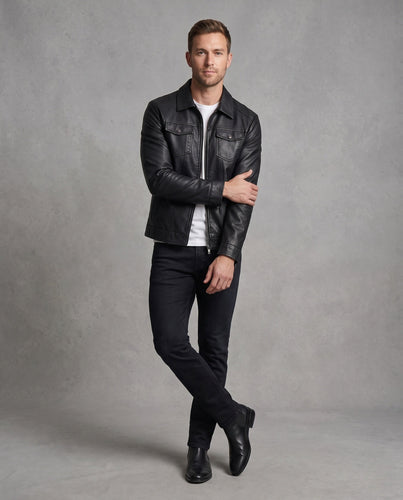 Herren glattes Kunstleder-Blouson im Truckerstil mit wärmender Teddyfleece‑Fütterung Drune