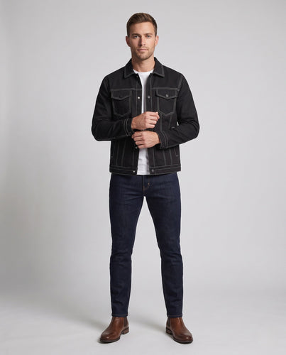 Herren Kontrastnaht-Truckerjacke mit wattierter Thermofütterung und Druckknopfleiste Drune