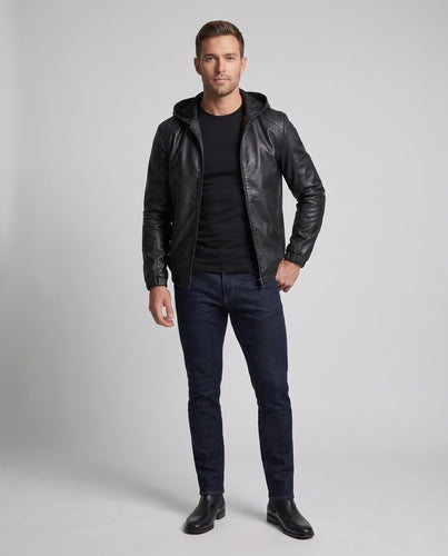 Herren Kunstleder-Hoodiejacke mit Kapuzenlayer, verdecktem Reißverschluss und thermischer Innenlage Drune