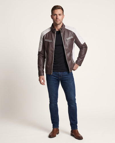 Herren Kunstleder-Motojacke mit Teddyfleece-Innenfutter, Stehkragen mit Schnalle und kontrastierenden Schulterpaneelen Drune