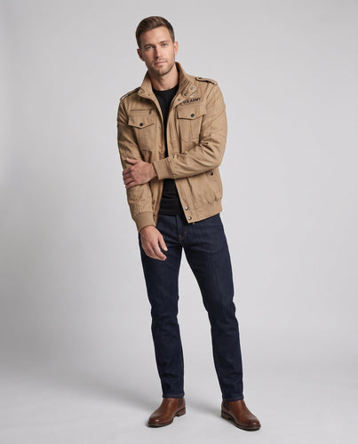 Herren Military-Canvas Fieldblouson mit Schulterklappen, Utility-Taschen und geripptem Saum Drune