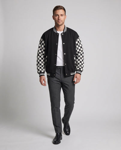 Herren Oversize-Bomberjacke im Varsity-Stil mit Karomuster-Ärmeln und gestreiften Rippbündchen Drune