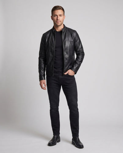 Herren schmal geschnittene Biker‑Blousonjacke in Lederoptik mit hochschließendem Kragen und thermoisolierter Innenlage Drune