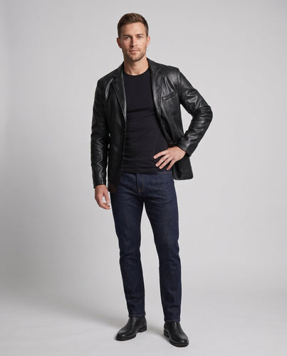 Herren Slim-Fit Kunstleder-Sakko im Blazerstil mit taillierter Passform und aufgesetzten Pattentaschen Drune