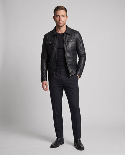 Herren Slim-Fit Kunstlederjacke mit Thermofutter und Brustpattentaschen Drune