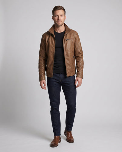 Herren Slim-Fit Lederoptik-Blouson mit hochschließendem Stehkragen und Reißverschluss-Taschendetail Drune