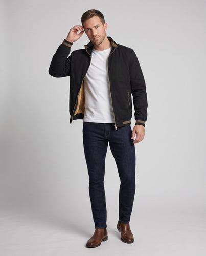 Herren Teddygefütterter Canvas-Bomber mit Stehkragen, Rippbündchen und Sherpa-Innenlage Drune