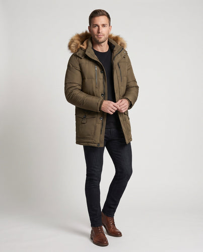 Herren Thermoisolierter Parka mit Teddyfleece‑Innenfutter, abnehmbarer Kunstfellkapuze und Multifunktions‑Taschen Drune