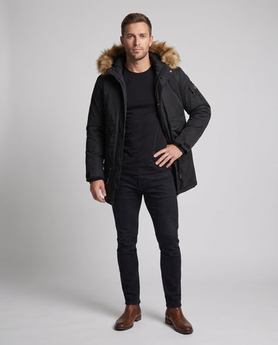 Herren Wasserabweisender Langparka mit abnehmbarer Kunstfellkapuze, Teddyfleece-Innenfutter und Utility-Taschen Drune