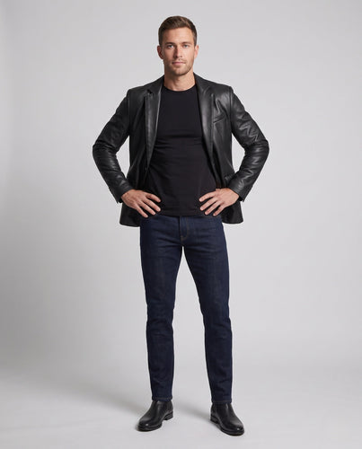 Herren elegantes Kunstleder Sakko im Blazer-Cut mit schmaler Silhouette Drune