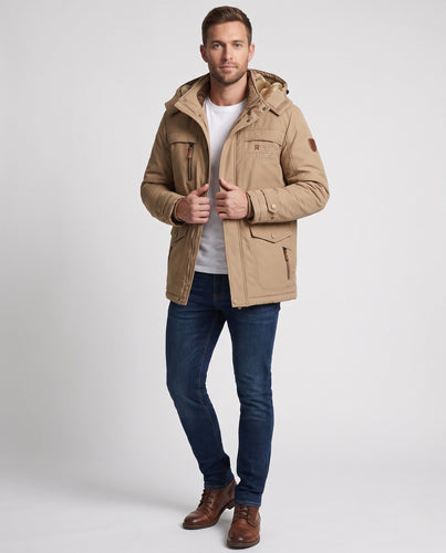 Herren gefütterte Canvas-Outdoorjacke mit Teddy-Innenfutter, verstärkten Taschen und hohem Kragen Drune