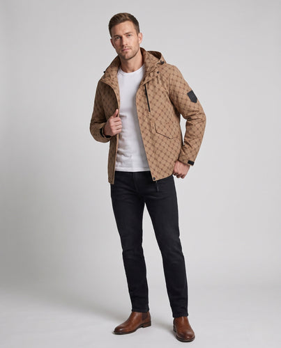 Herren Kapuzen-Fieldjacke mit Allover-Monogramm, wasserabweisender Shell und Multifunktionstaschen Drune