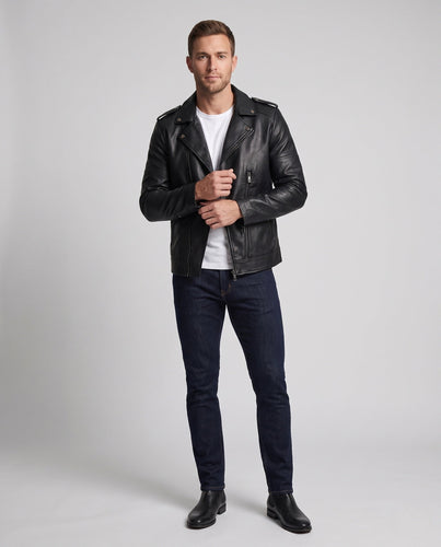 Herren Kunstleder-Motojacke im Slim-Fit mit Schulterpatten und Zipper‑Details Drune
