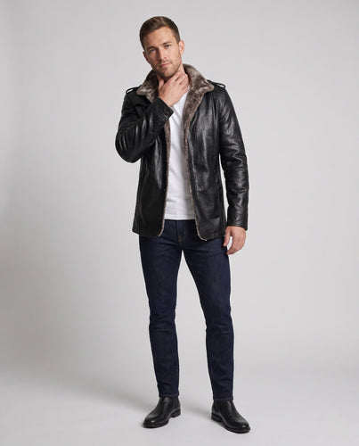 Herren Kunstleder‑Pilotenblouson mit Teddyfleece‑Innenlage und Schulterepauletten Drune