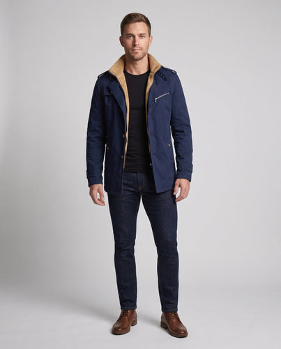 Herren Kurzer Trenchcoat mit Teddyfleece‑Fütterung, Epauletten und Reverskragen Drune