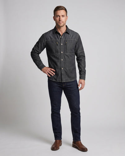 Herren lässige Denim-Hemdjacke mit funktionalen Reißverschluss-Brusttaschen Drune