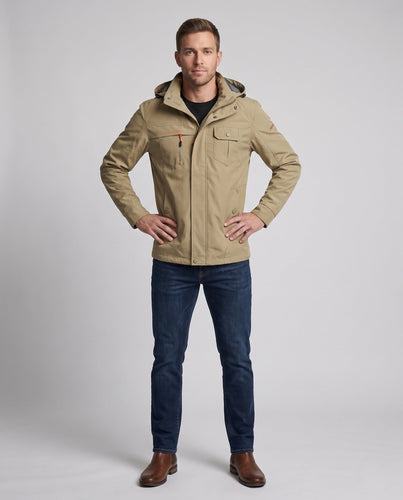 Herren leichte wasserabweisende Softshell-Outdoorjacke mit Kapuze und Multifunktionstaschen Drune